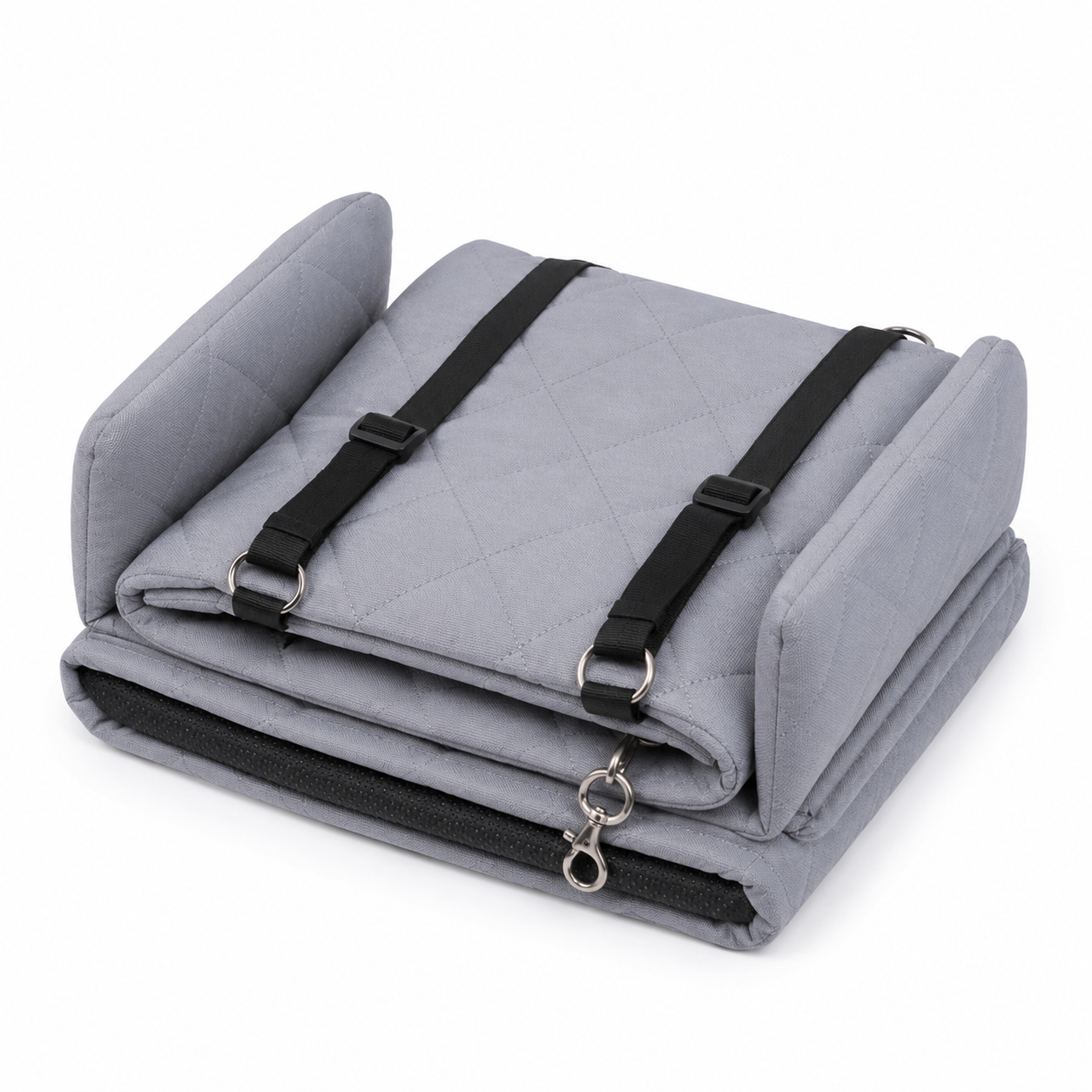 Cooling car booster seat folded flat for storage or travel