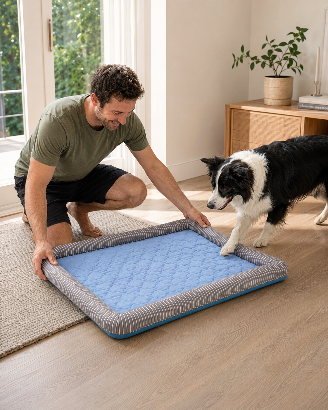 Owner setting up a CanisCool cooling bed for a border collie