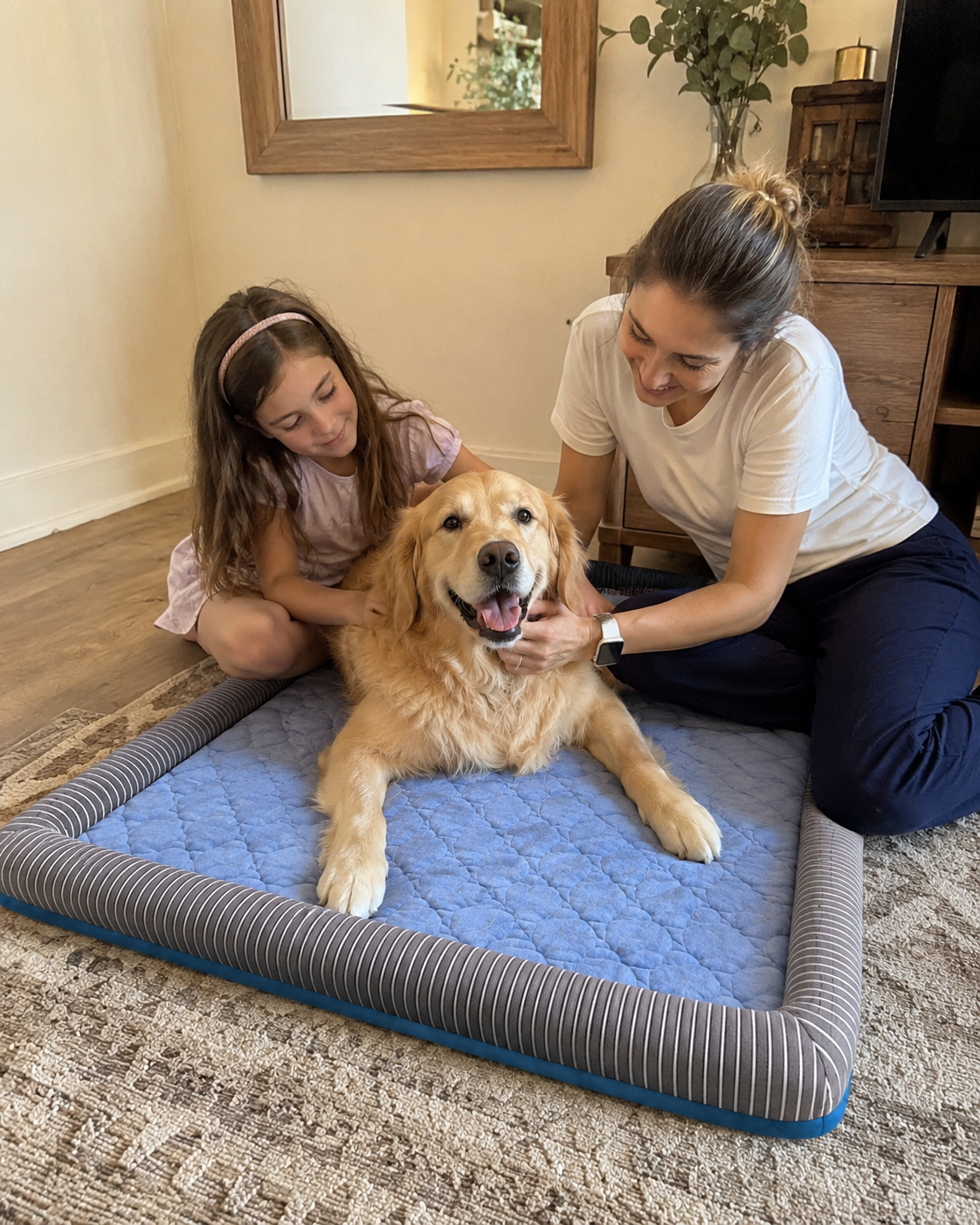 Golden retriever on a CanisCool cooling bed with a mother and child