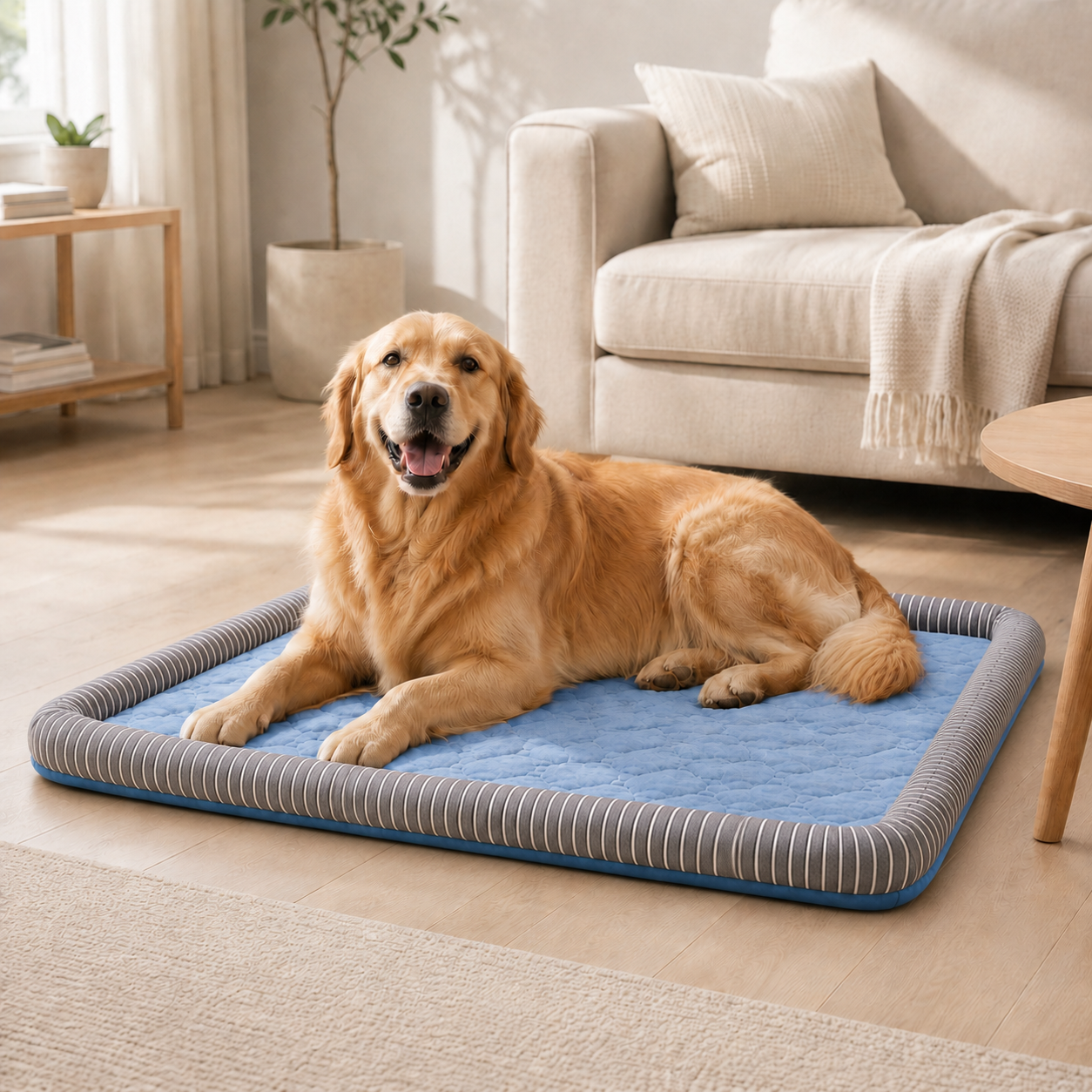 Golden retriever relaxing on the Arctic Blue CanisCool cooling bed in a bright living room