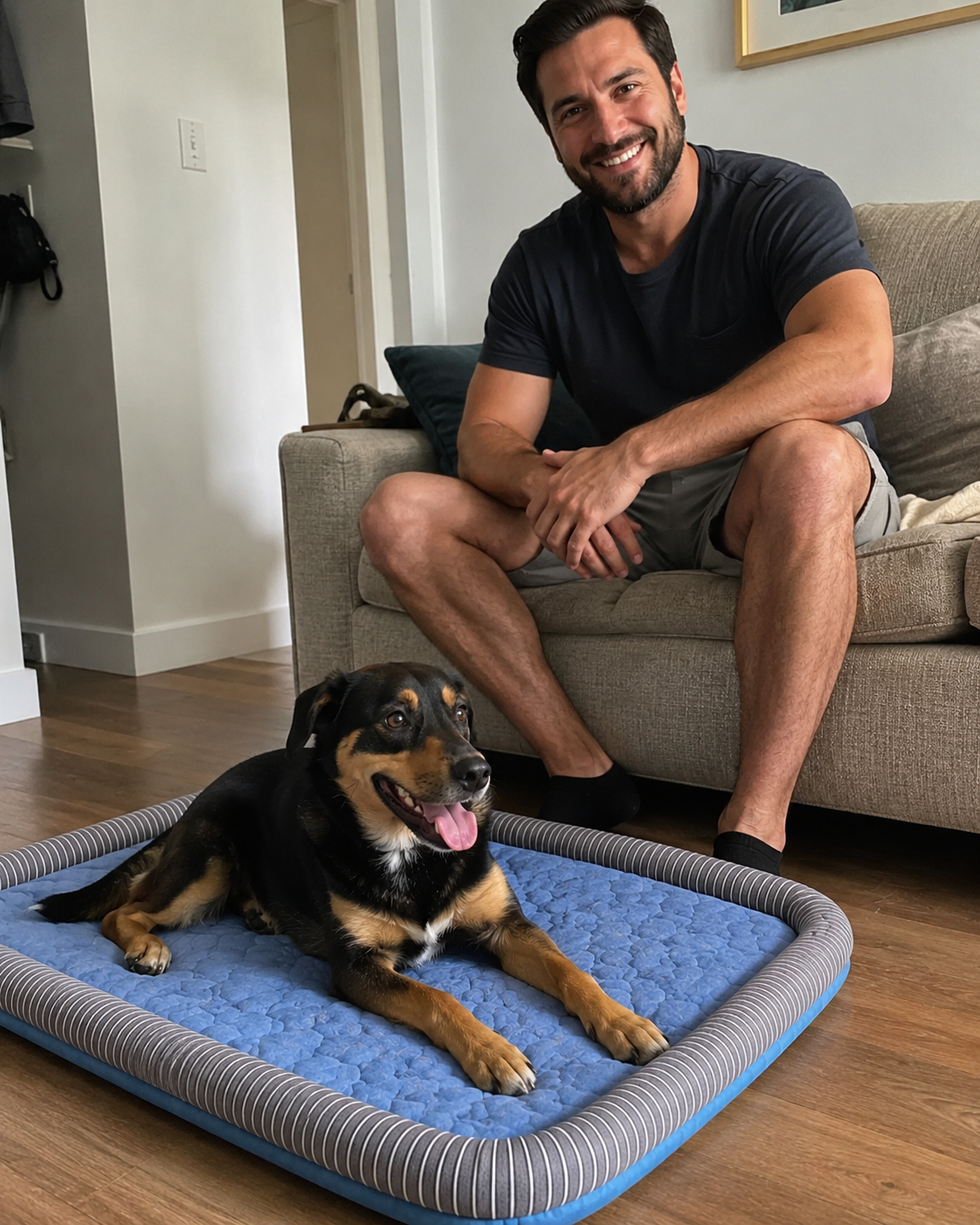 Black dog relaxing on a CanisCool cooling bed in front of its owner