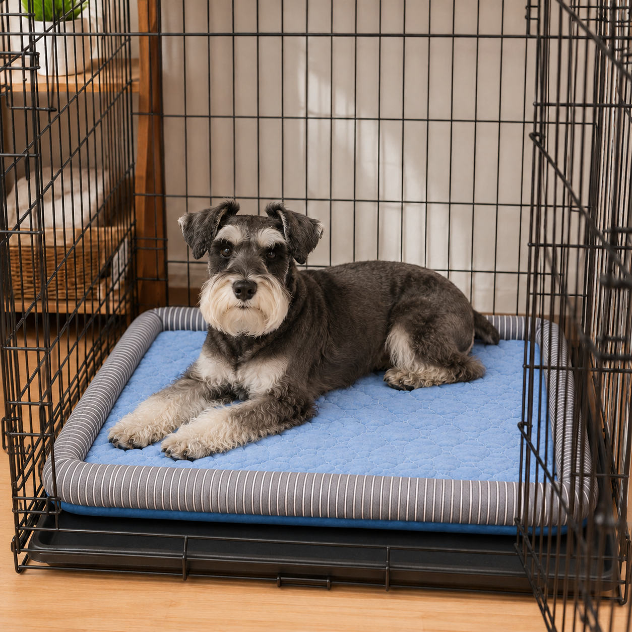 Mini schnauzer resting inside a crate on the Arctic Blue CanisCool cooling bed