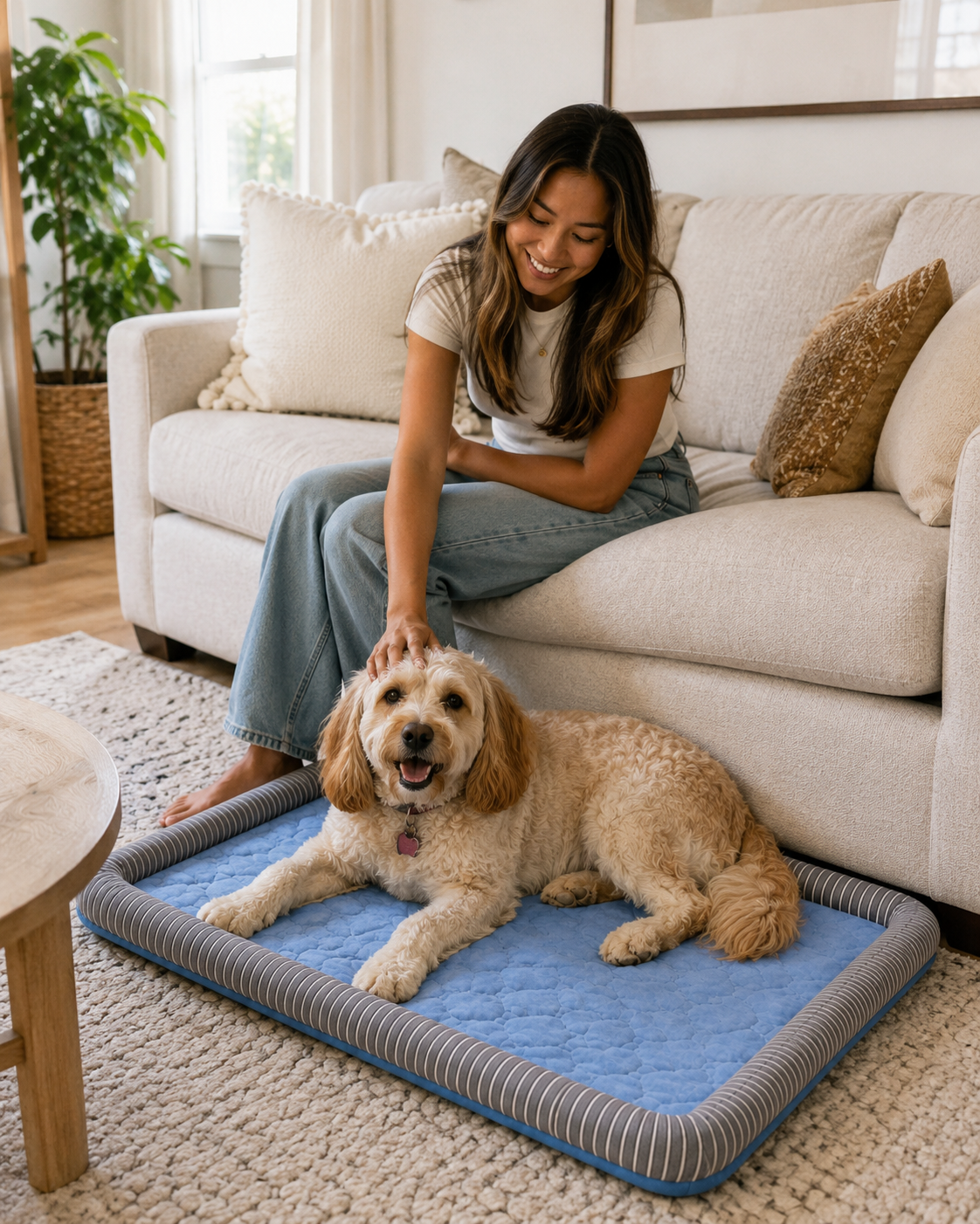 Cream-colored dog resting on a CanisCool cooling bed by the sofa