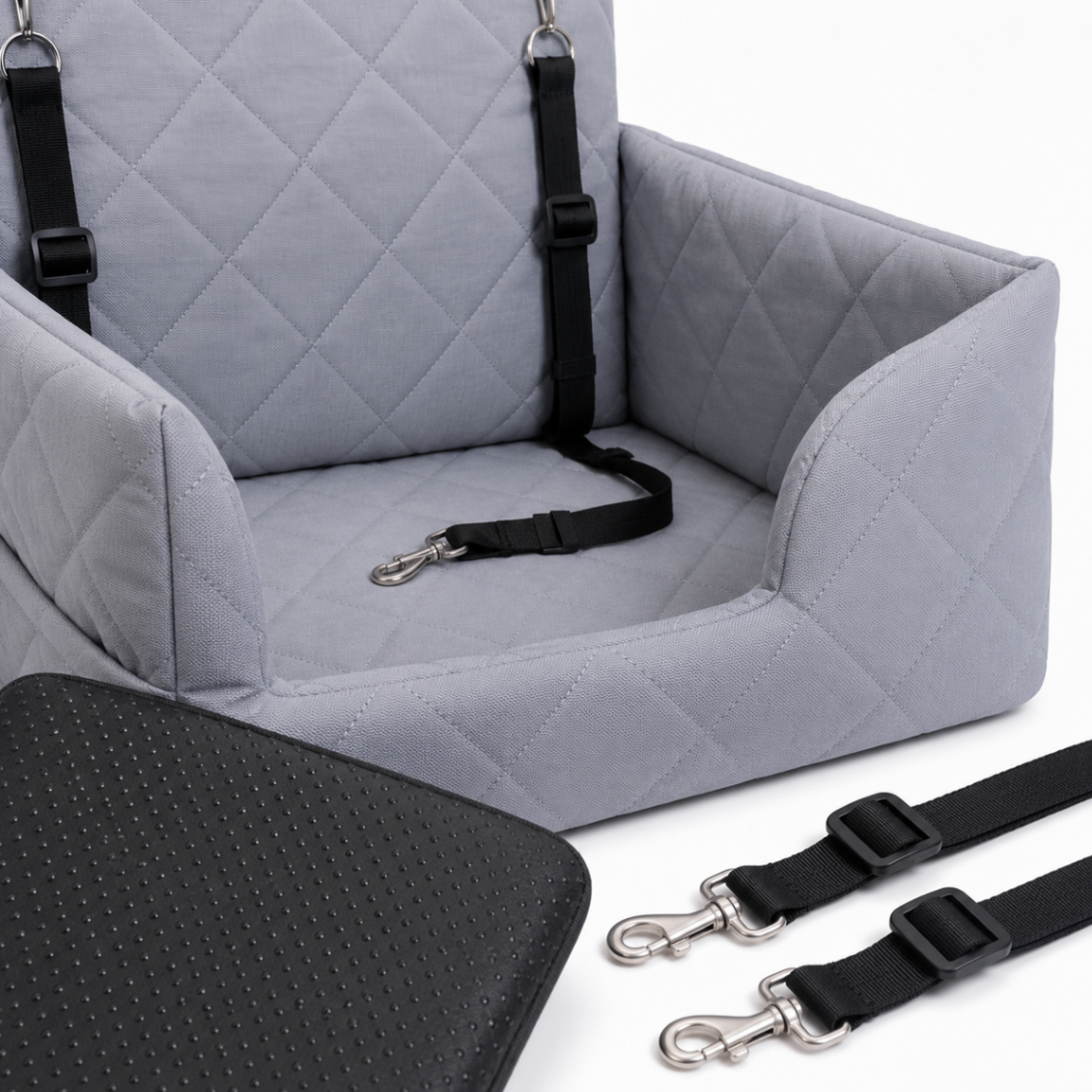 Close-up of the booster seat interior, tether and anti-slip base