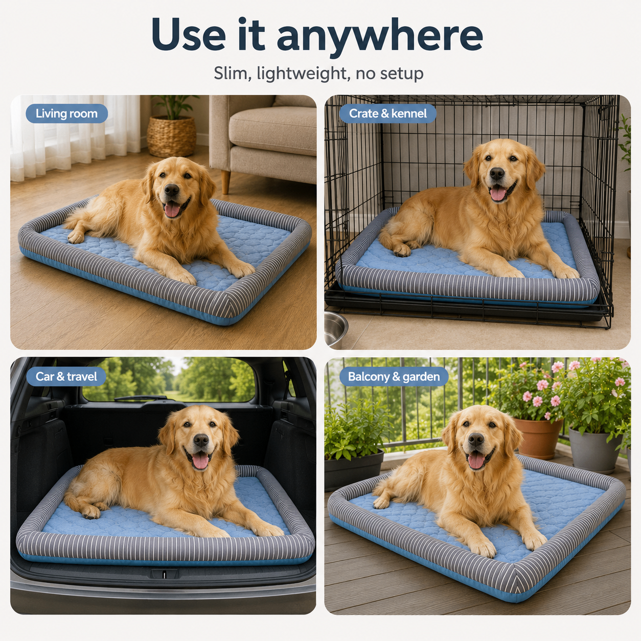Collage showing the Arctic Blue CanisCool cooling bed used in the living room, crate, car, and balcony