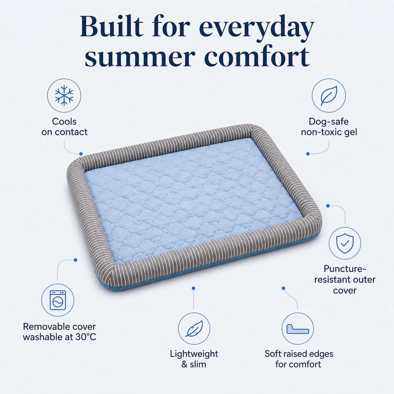 Feature overview of the Arctic Blue CanisCool cooling bed with key benefits