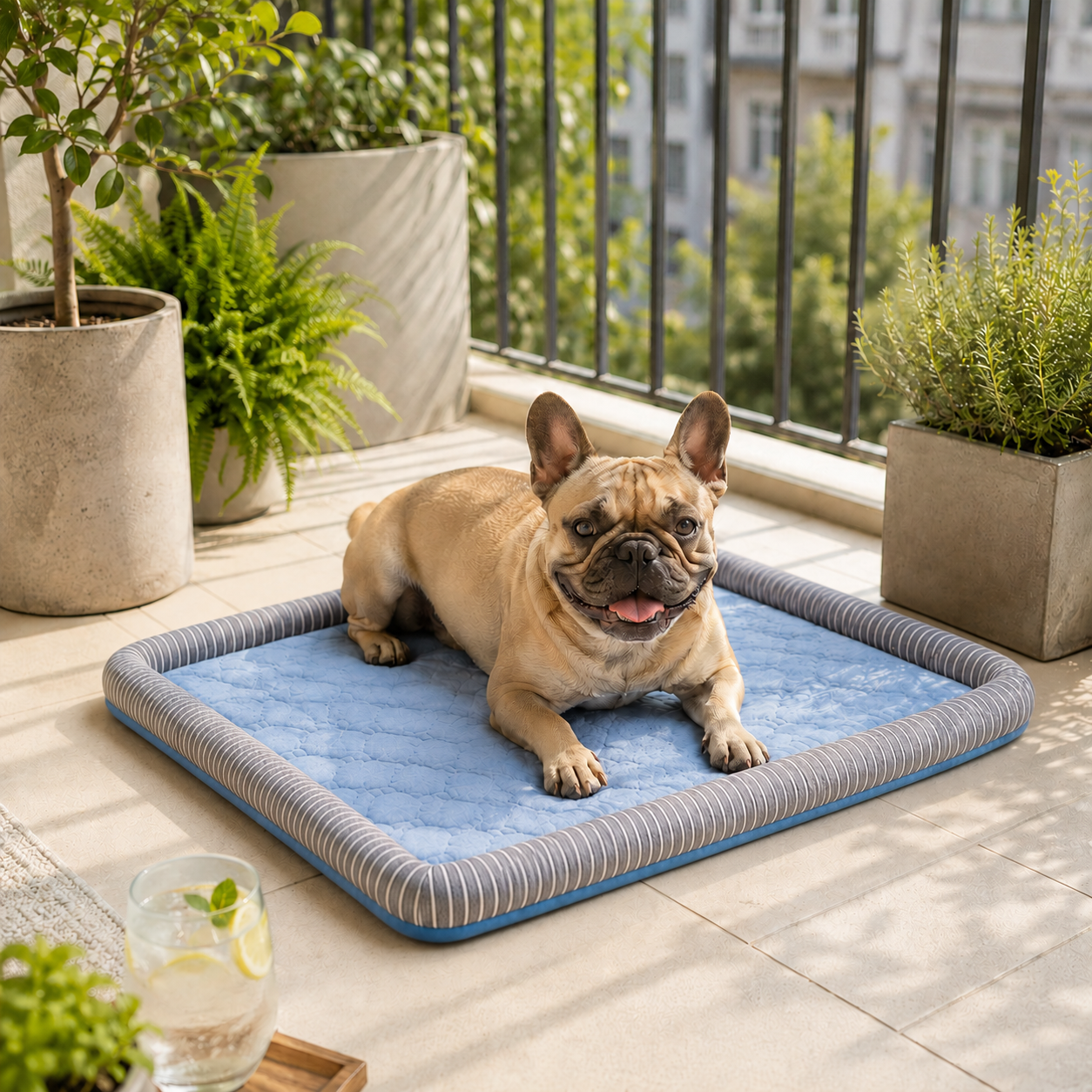 French bulldog relaxing on the Arctic Blue CanisCool cooling bed on a sunny balcony