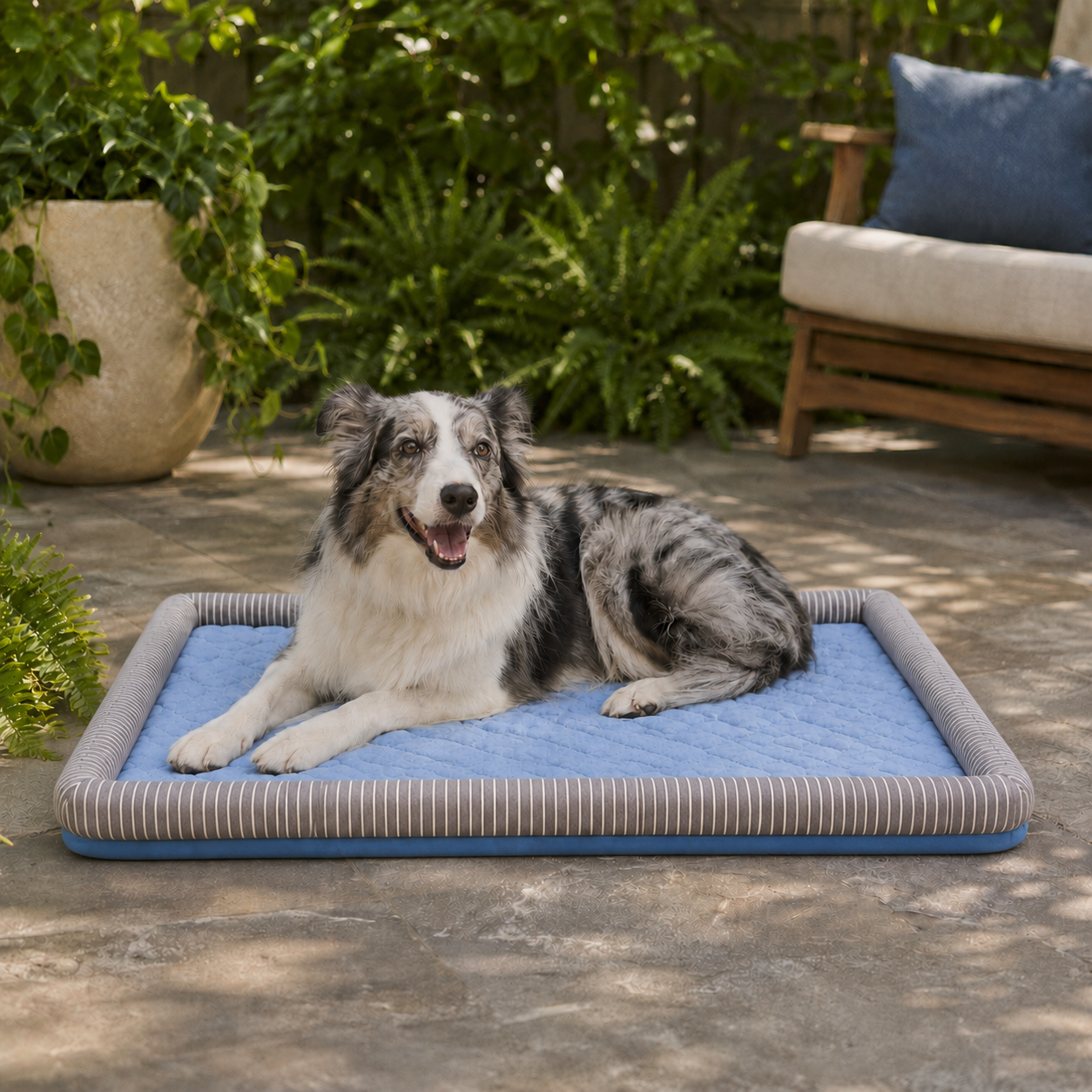 Australian shepherd lounging outdoors on the Arctic Blue CanisCool cooling bed