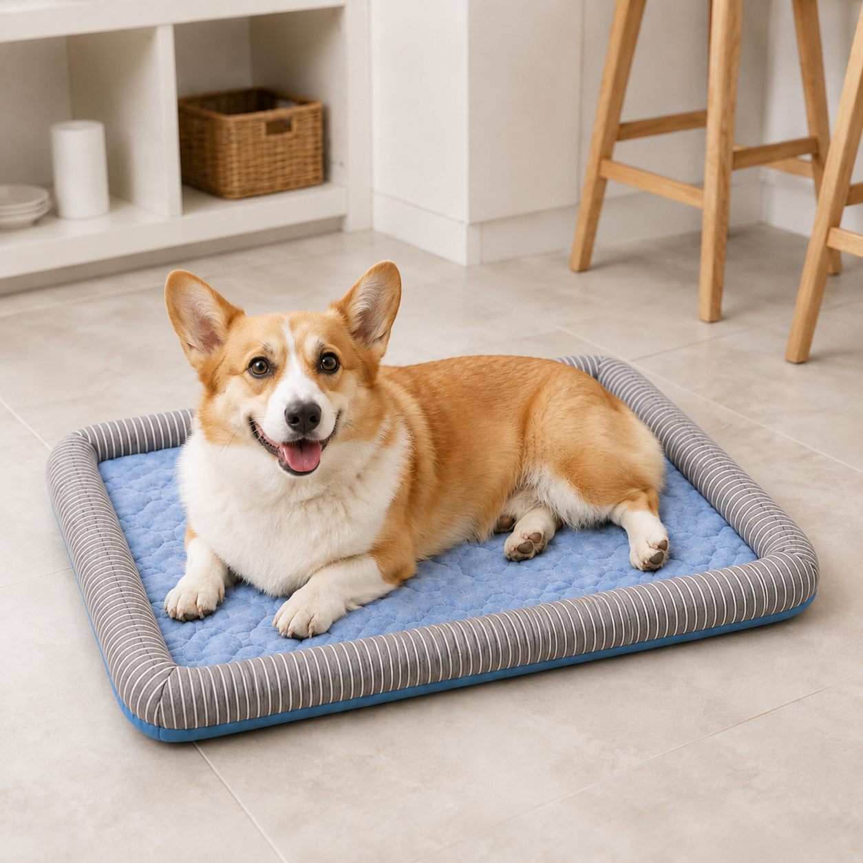 Corgi on the Arctic Blue CanisCool bed