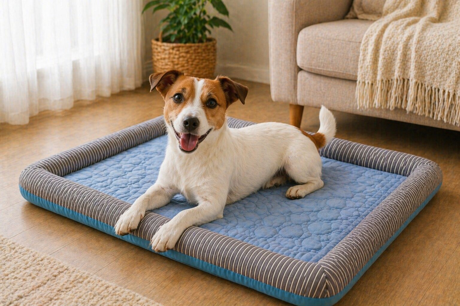 Wet dog cooling off on the CanisCool bed near a pool