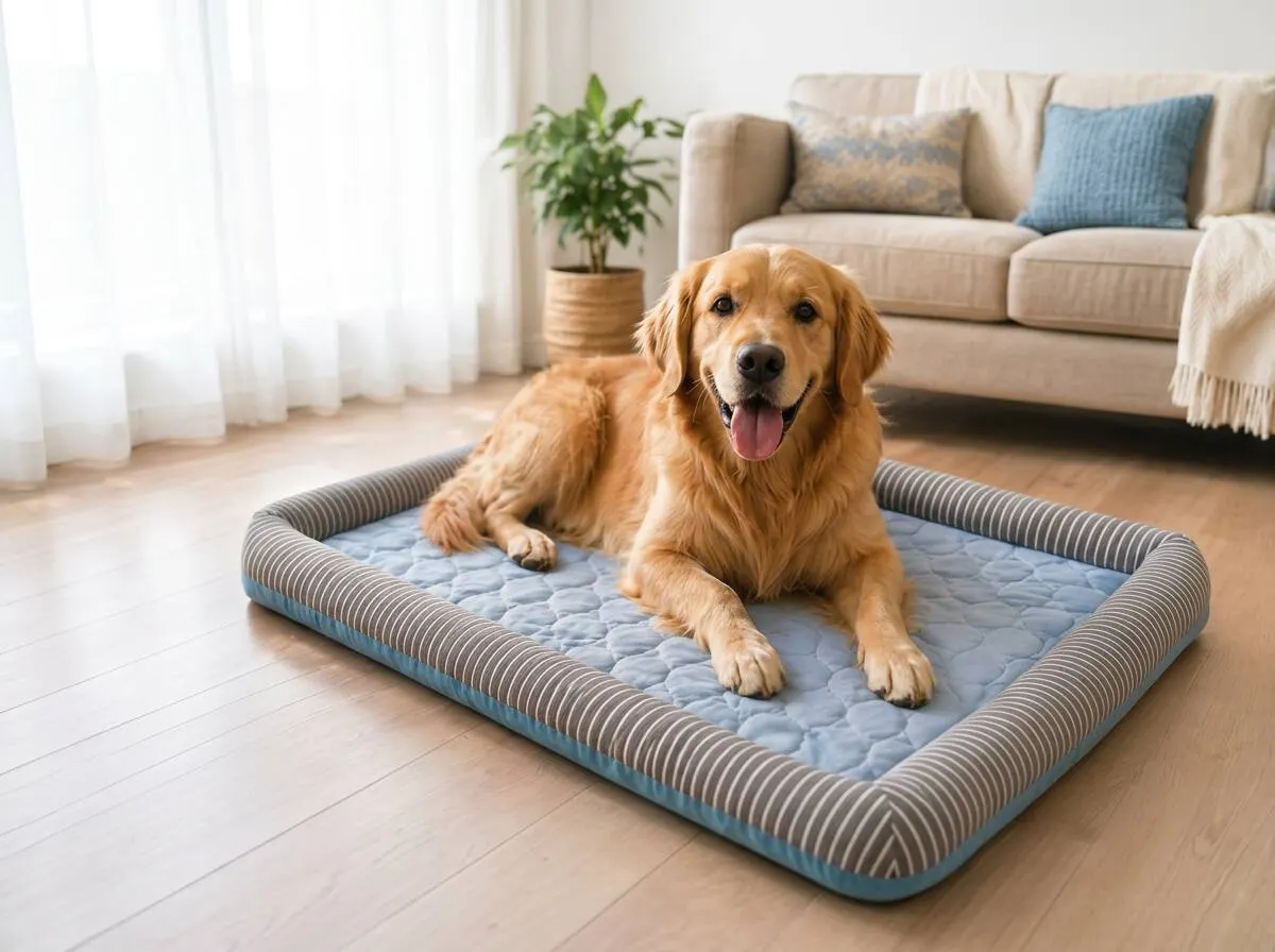 Happy dog resting on a CanisCool cooling bed
