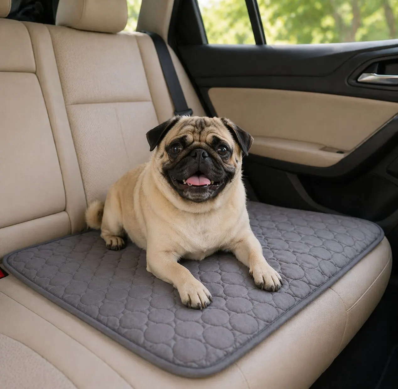 Pug on the CanisCool cooling mat in the back seat of a car