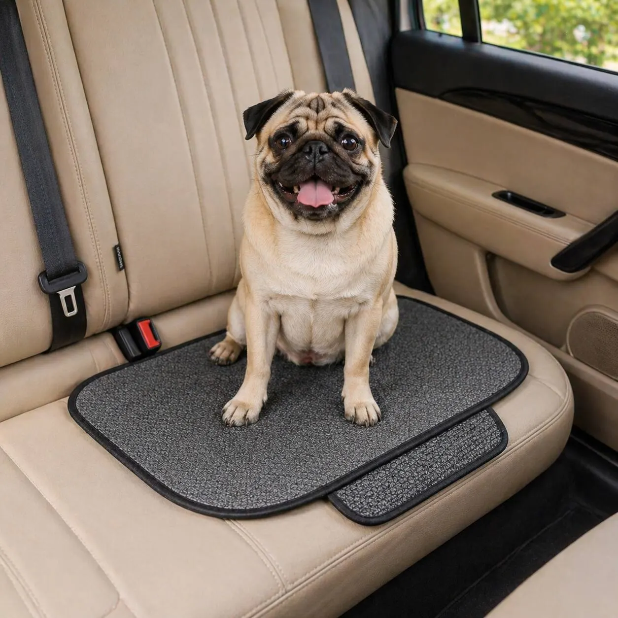 Happy pug on the CanisCool Stone Grey cooling seat in the back of a car