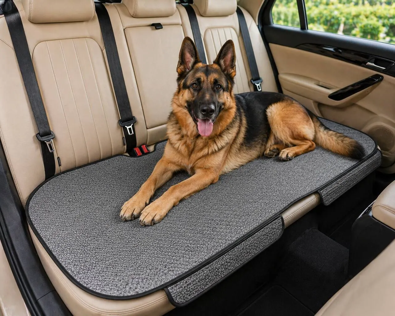 German Shepherd lying on the CanisCool Stone Grey double cooling bench seat