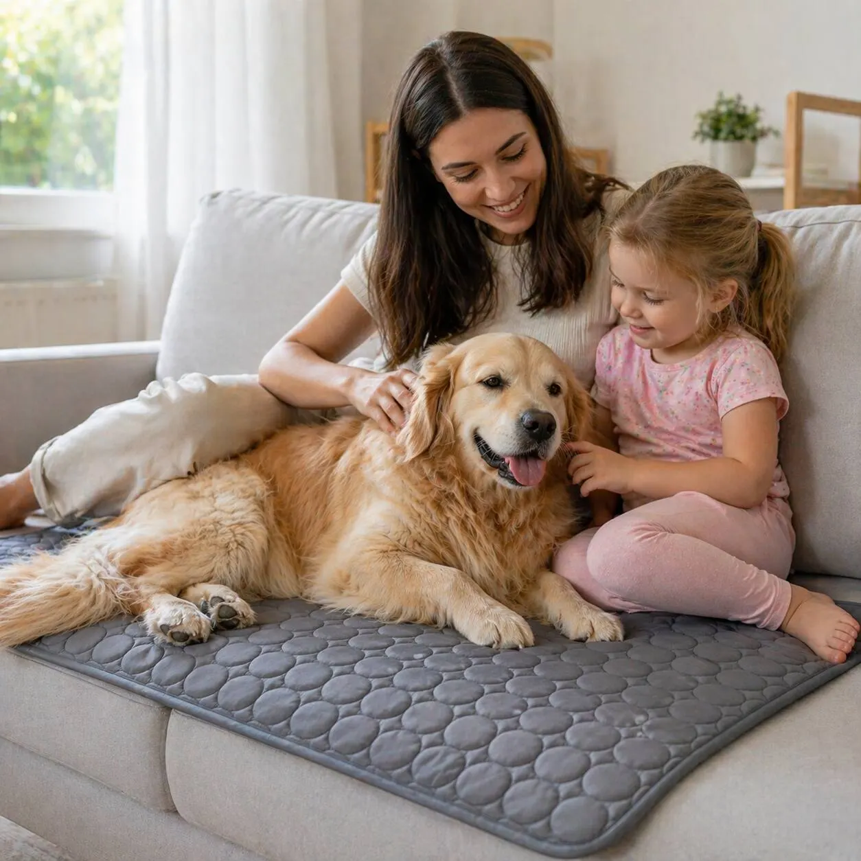 Golden Retriever relaxing on CanisCool cooling mat with family