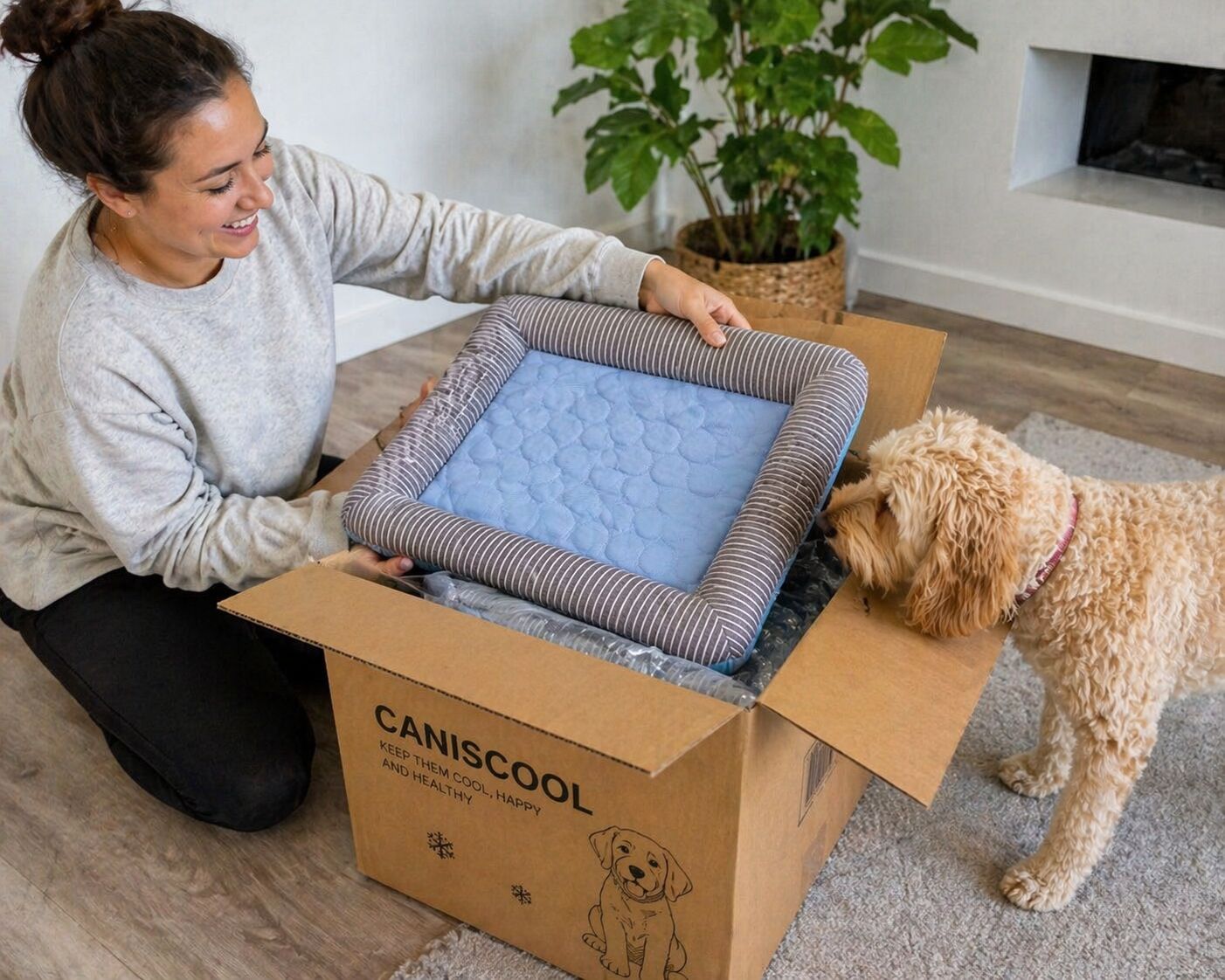 Customer unboxing CanisCool cooling bed with her dog