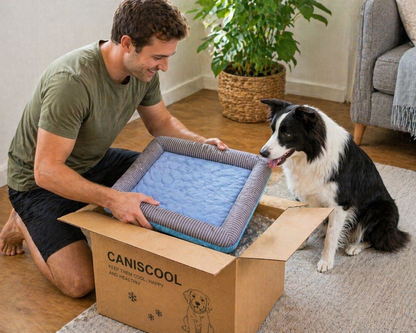 Man unboxing CanisCool cooling bed with border collie