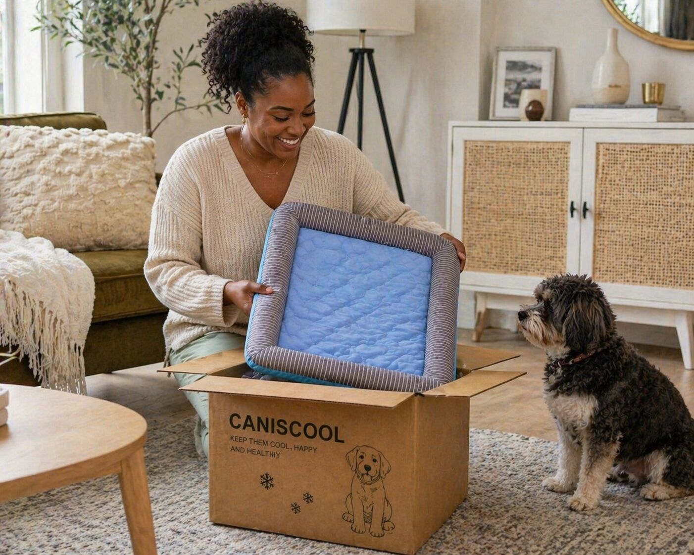 Customer unboxing CanisCool cooling bed in living room